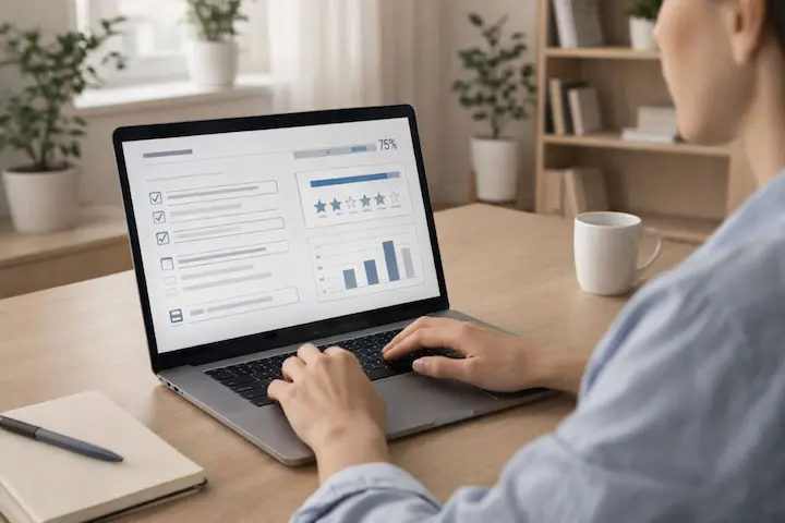 Profissional realizando análise de dados e participação em painéis de pesquisas através de plataformas digitais.