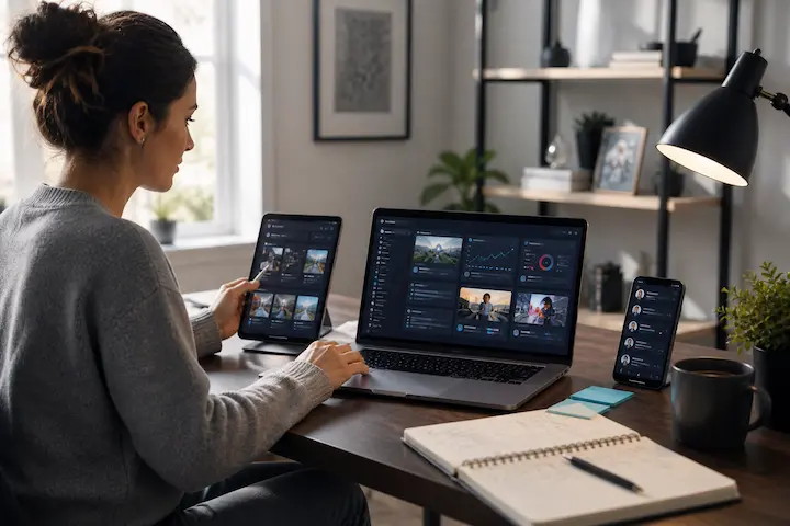 Pessoa utilizando notebook, tablet e smartphone para gerenciar conteúdos e atividades em redes sociais.
