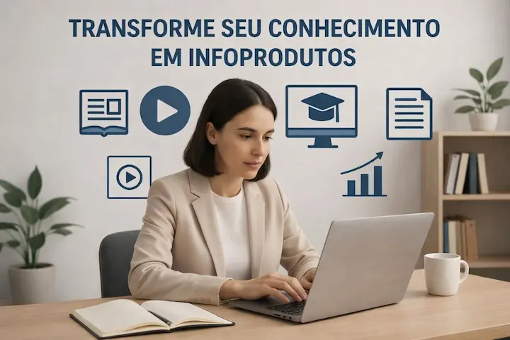 Pessoa trabalhando em laptop organizando módulos de um curso online como exemplo de desenvolvimento de ativos de informação.