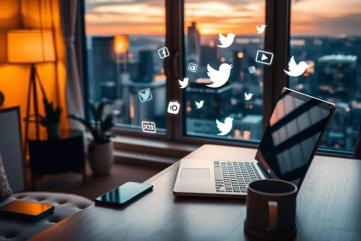 Guia sobre monetização de redes sociais em um laptop em escritório moderno exibindo ícones flutuantes de redes sociais e planejamento de marketing digital.