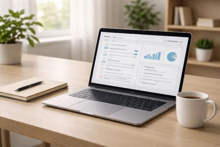 Laptop sobre mesa de madeira exibindo estratégias de modelos de negócio digital e planejamento para trabalho remoto.