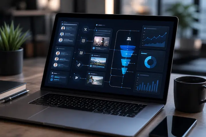 Tela de notebook exibindo painel com funil de conversão, gráficos e métricas relacionadas à monetização em redes sociais.