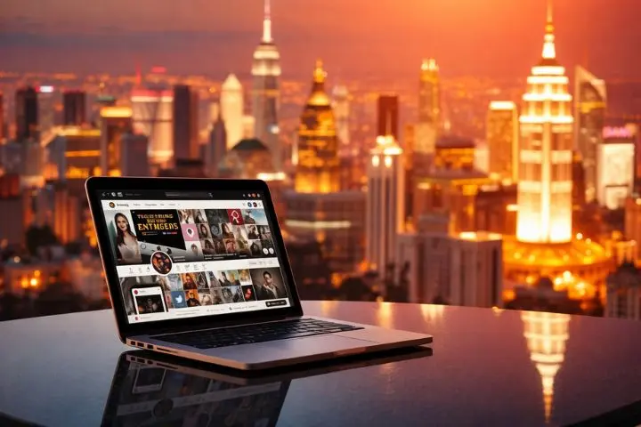 Laptop aberto exibindo perfil de rede social em mesa de escritório com vista para cidade ao entardecer.