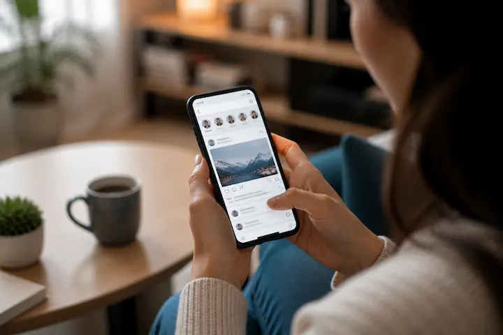 Pessoa utilizando smartphone para navegar em interface de rede social com conteúdos, perfis e interações digitais.
