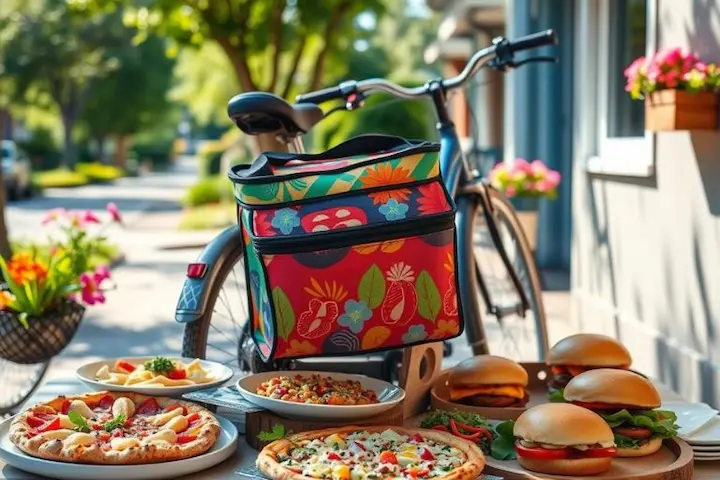 Logística de transporte para delivery residencial com bicicleta e pratos de alimentação variados.