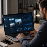 Profissional utilizando notebook com painel de análise voltado à monetização de redes sociais, exibindo métricas, conteúdos e desempenho digital.