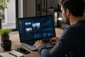 Profissional utilizando notebook com painel de análise voltado à monetização de redes sociais, exibindo métricas, conteúdos e desempenho digital.