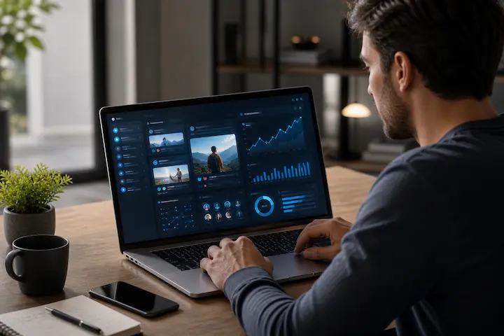 Profissional utilizando notebook com painel de análise voltado à monetização de redes sociais, exibindo métricas, conteúdos e desempenho digital.