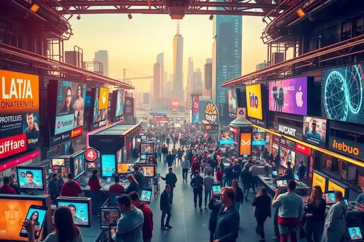 mercado de redes sociais Painéis digitais em centro urbano exibindo campanhas de marketing moderno e tendências digitais.