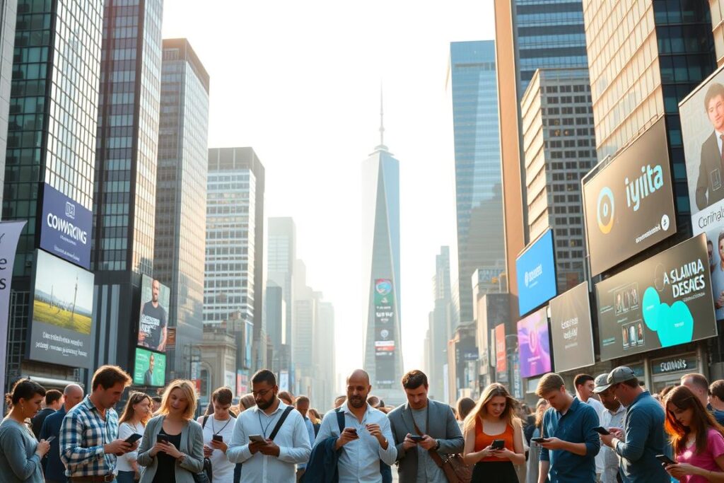 A bustling cityscape with modern high-rise buildings, sleek skyscrapers, and digital billboards showcasing various digital business ideas. In the foreground, a diverse group of entrepreneurial individuals, each engrossed in their digital devices, brainstorming and collaborating on their innovative startups. The middle ground features coworking spaces, tech incubators, and shared office environments, all abuzz with the energy of digital innovation. The background is bathed in a warm, golden light, creating an atmosphere of optimism and opportunity. The overall scene conveys the dynamism and potential of building digital businesses with minimal investment. A bustling cityscape with modern high-rise buildings, sleek skyscrapers, and digital billboards showcasing various digital business ideas. In the foreground, a diverse group of entrepreneurial individuals, each engrossed in their digital devices, brainstorming and collaborating on their innovative startups. The middle ground features coworking spaces, tech incubators, and shared office environments, all abuzz with the energy of digital innovation. The background is bathed in a warm, golden light, creating an atmosphere of optimism and opportunity. The overall scene conveys the dynamism and potential of building digital businesses with minimal investment.