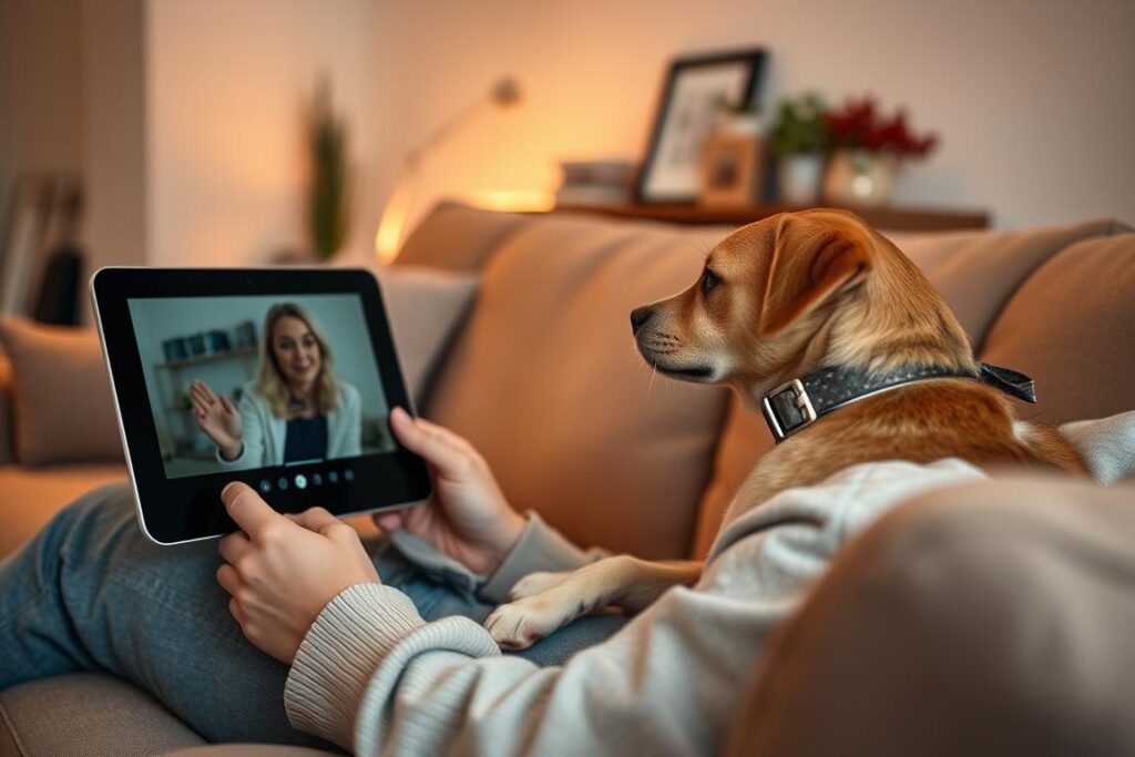 A cozy home interior with a person sitting on a comfortable couch, video chatting with their pet on a tablet or laptop. The pet, whether a dog or cat, is featured prominently, looking attentively at the screen. Warm, diffused lighting creates a soothing atmosphere, highlighting the bond between the owner and their beloved companion. In the background, subtle decor elements like plants or framed photos suggest a welcoming, lived-in space. The overall scene conveys the idea of remote pet care, where technology enables caring for a pet from a distance with a personal touch. Um interior aconchegante com uma pessoa sentada em um sofá confortável, conversando por vídeo com seu animal de estimação em um tablet ou laptop. O animal, seja um cão ou gato, aparece em destaque, olhando atentamente para a tela. Uma iluminação suave e difusa cria uma atmosfera relaxante, realçando o vínculo entre o dono e seu amado companheiro. Ao fundo, elementos decorativos sutis, como plantas ou fotos emolduradas, sugerem um espaço acolhedor e habitado. O cenário geral transmite a ideia de cuidados remotos com animais de estimação, onde a tecnologia permite cuidar de um animal à distância com um toque pessoal.