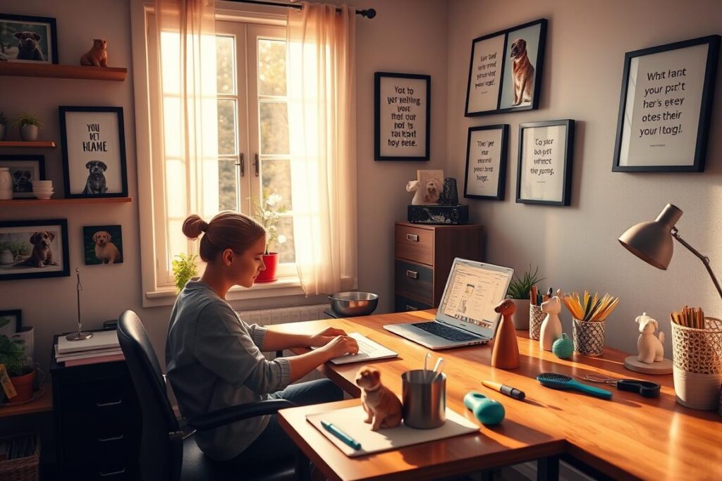 A cozy home office setting with a person sitting at a desk, carefully attending to a laptop computer. On the desk, various pet care items are neatly arranged, such as a water bowl, pet toys, and a grooming brush. The walls are adorned with shelves displaying framed pet photos and inspirational quotes about animal welfare. Warm, natural lighting filters in through a large window, casting a gentle glow across the scene. The atmosphere conveys a sense of expertise, dedication, and the peaceful pursuit of online pet care and support. Um ambiente aconchegante de home office com uma pessoa sentada à mesa, cuidando cuidadosamente de um laptop. Sobre a mesa, diversos itens de cuidados para animais de estimação estão dispostos com cuidado, como uma tigela de água, brinquedos para animais de estimação e uma escova de limpeza. As paredes são adornadas com prateleiras com fotos emolduradas de animais de estimação e citações inspiradoras sobre bem-estar animal. A luz natural e acolhedora entra por uma grande janela, projetando um brilho suave sobre o ambiente. A atmosfera transmite uma sensação de competência, dedicação e a busca pacífica por cuidados e apoio online para animais de estimação.