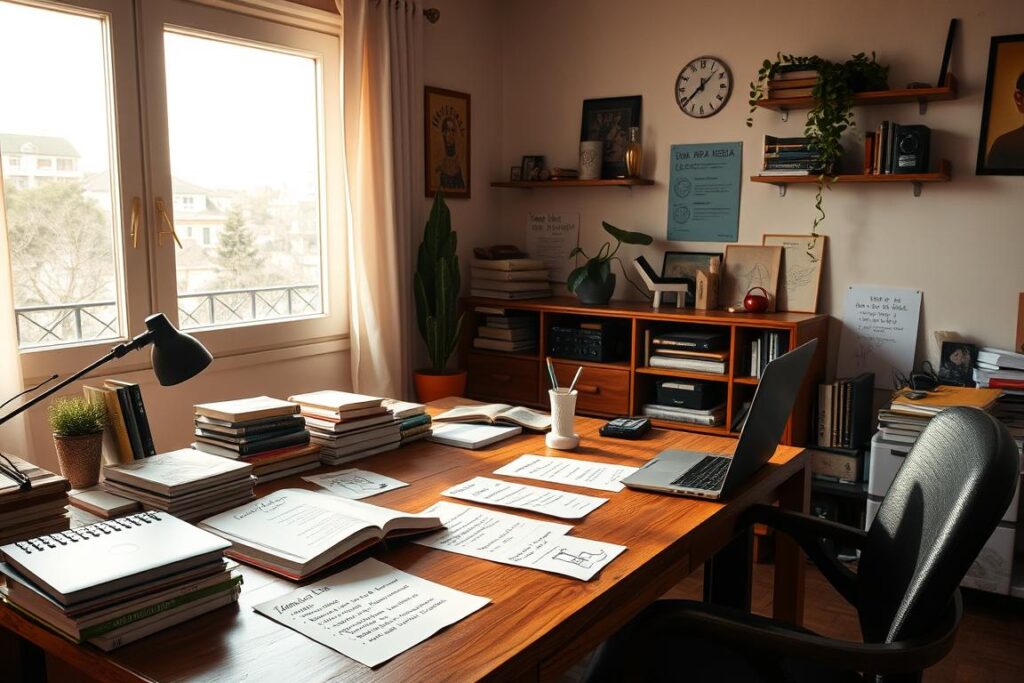 A cozy home office with warm, natural lighting streaming through a large window, illuminating a wooden desk covered in books, papers, and a laptop. On the desk, a series of handwritten notes and diagrams offer "dicas para renda extra" - practical tips and strategies for building additional income streams from the comfort of this tranquil workspace. The room has a sense of focus and productivity, with a potted plant and a thoughtfully curated collection of office supplies and inspirational trinkets adding to the atmosphere of a dedicated yet inviting space. Um cantinho de trabalho iluminado pela luz suave que entra pela janela. Sobre a mesa de madeira, livros, papéis e um notebook rodeado por anotações manuais com dicas práticas para ganhar uma renda extra. Plantas, objetos inspiradores e materiais organizados criam um clima de concentração e tranquilidade, ideal para quem busca trabalhar de casa com propósito.