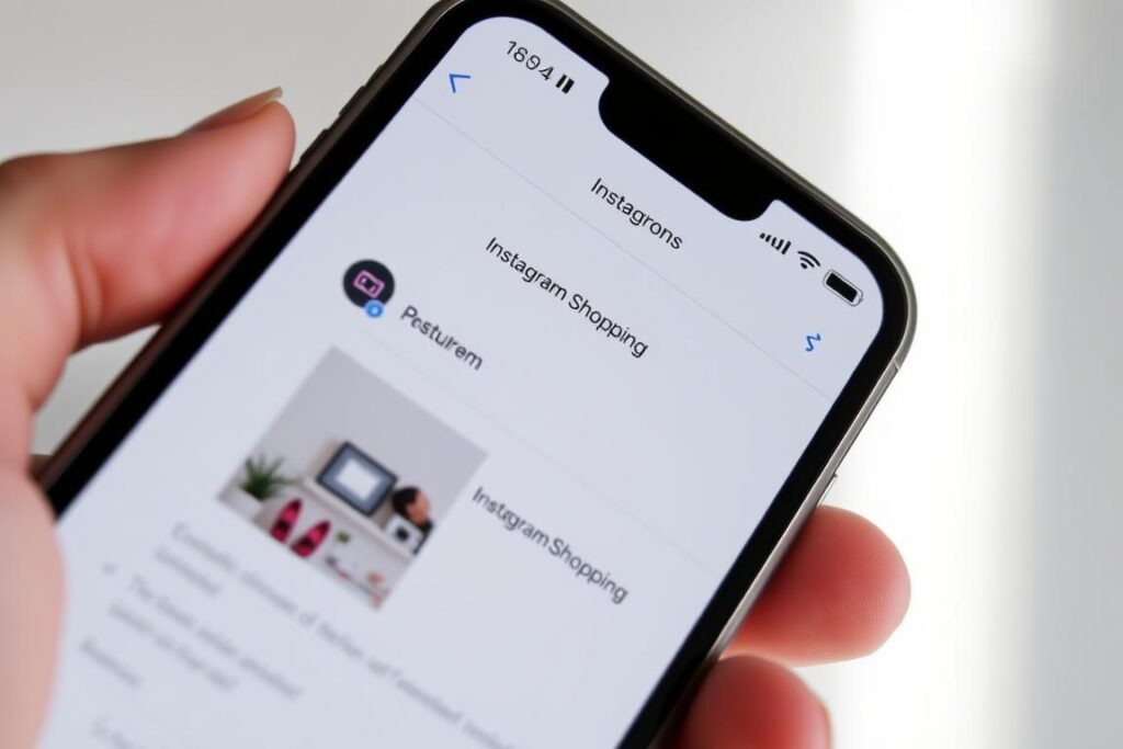 A crisp, well-lit close-up of a mobile phone screen displaying the Instagram app's shopping interface. The phone is held in a hand against a clean, minimal background, possibly with a subtle gradient or neutral color. The screen shows a product carousel, shopping bag icon, and settings menu, conveying the process of enabling and configuring the Instagram Shopping feature. The composition should be simple and uncluttered, focusing on the key UI elements to clearly illustrate the activation steps. The overall mood is professional, straightforward, and informative, guiding the viewer through the Instagram Shopping setup. Um close-up nítido e bem iluminado da tela de um celular exibindo a interface de compras do aplicativo Instagram. O celular é segurado na mão contra um fundo limpo e minimalista, possivelmente com um gradiente sutil ou cor neutra. A tela mostra um carrossel de produtos, um ícone de sacola de compras e um menu de configurações, transmitindo o processo de ativação e configuração do recurso de Compras do Instagram. A composição deve ser simples e organizada, com foco nos principais elementos da interface do usuário para ilustrar claramente as etapas de ativação. O clima geral é profissional, direto e informativo, guiando o espectador pela configuração do Instagram Shopping.