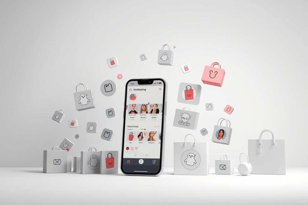 A detailed illustration of the Instagram Shopping feature, showcasing a mobile device surrounded by various product icons and shopping-related elements. The scene is set in a clean, minimalist environment with soft lighting and a subtle gradient background, emphasizing the focus on the Instagram platform and its shopping capabilities. The foreground features a stylized smartphone displaying the Instagram interface, with product thumbnails, shopping bag icons, and other interactive elements. The midground includes additional product images, price tags, and shopping-themed graphics, creating a visually engaging and informative composition. The background provides a sense of depth and context, with a gradual fade into a neutral, yet sophisticated color palette. The overall mood is one of simplicity, functionality, and the seamless integration of e-commerce within the Instagram ecosystem. Uma ilustração detalhada do recurso Instagram Shopping, mostrando um dispositivo móvel cercado por vários ícones de produtos e elementos relacionados a compras. A cena se passa em um ambiente limpo e minimalista, com iluminação suave e um fundo gradiente sutil, enfatizando o foco na plataforma Instagram e seus recursos de compras. O primeiro plano apresenta um smartphone estilizado exibindo a interface do Instagram, com miniaturas de produtos, ícones de sacolas de compras e outros elementos interativos. O plano médio inclui imagens adicionais de produtos, etiquetas de preços e gráficos com tema de compras, criando uma composição visualmente envolvente e informativa. O fundo proporciona uma sensação de profundidade e contexto, com um desbotamento gradual para uma paleta de cores neutra, porém sofisticada. O clima geral é de simplicidade, funcionalidade e integração perfeita do e-commerce ao ecossistema do Instagram.