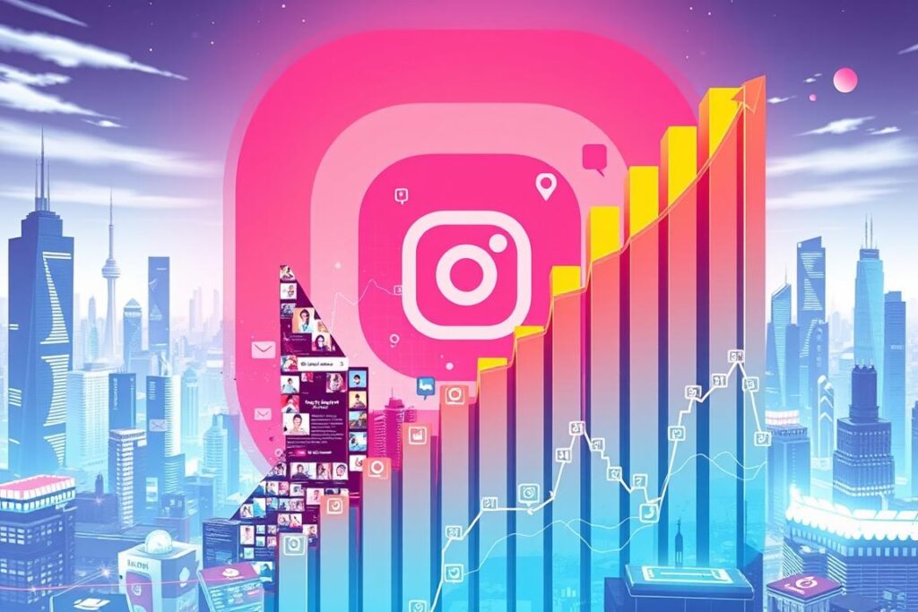 A dynamic and vibrant visualization of the growth of Instagram, capturing the exponential rise in users and engagement. The foreground showcases a towering graph or chart, its bars and lines representing the platform's meteoric expansion over the years, rendered in a sleek, minimalist style with bold colors. The middle ground features a bustling collage of Instagram-inspired visual elements - mobile devices, app icons, user avatars, and social media interactions. The background sets the scene with a futuristic cityscape, hinting at the platform's global influence and the wealth of opportunities it presents for savvy entrepreneurs and content creators. The overall composition conveys a sense of momentum, innovation, and the vast potential of leveraging Instagram as a powerful business and monetization platform. Uma visualização dinâmica e vibrante do crescimento do Instagram, capturando o aumento exponencial de usuários e engajamento. O primeiro plano apresenta um gráfico imponente, com barras e linhas representando a expansão meteórica da plataforma ao longo dos anos, renderizado em um estilo elegante e minimalista com cores vibrantes. O segundo plano apresenta uma colagem vibrante de elementos visuais inspirados no Instagram – dispositivos móveis, ícones de aplicativos, avatares de usuários e interações em mídias sociais. O segundo plano apresenta uma paisagem urbana futurista, sugerindo a influência global da plataforma e a riqueza de oportunidades que ela apresenta para empreendedores e criadores de conteúdo experientes. A composição geral transmite uma sensação de impulso, inovação e o vasto potencial de alavancar o Instagram como uma poderosa plataforma de negócios e monetização.