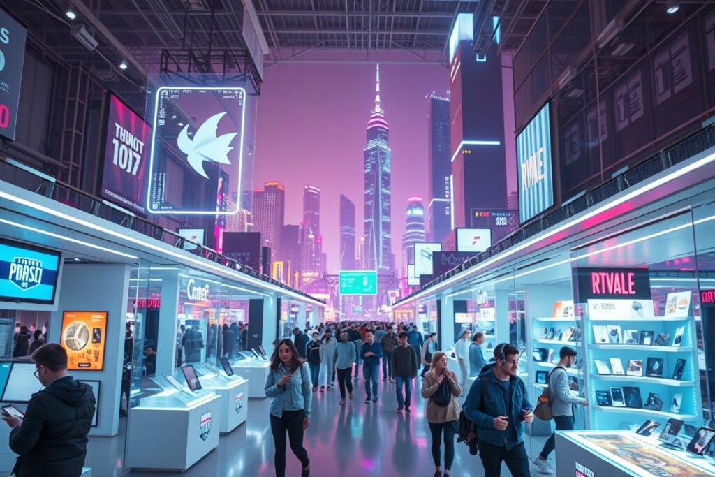 A futuristic digital marketplace in 2025, with holographic product displays, floating interfaces, and a vibrant, neon-lit atmosphere. The foreground features sleek, minimalist stalls showcasing the latest infoprod offerings, their screens flickering with interactive demos. The middle ground is bustling with tech-savvy consumers, their faces illuminated by the glow of their augmented reality headsets. In the background, towering skyscrapers and a vibrant cityscape set the scene, hinting at the scale and integration of this digital retail revolution. The lighting is a balance of warm hues and cool, futuristic tones, creating an immersive, cutting-edge ambiance that captures the exciting potential of infoproducts in 2025. Um mercado digital futurista em 2025, com displays holográficos de produtos, interfaces flutuantes e uma atmosfera vibrante iluminada por neon. O primeiro plano apresenta barracas elegantes e minimalistas exibindo as últimas novidades em infoprodutos, com telas piscando com demonstrações interativas. O centro está fervilhando de consumidores antenados em tecnologia, com seus rostos iluminados pelo brilho de seus óculos de realidade aumentada. Ao fundo, arranha-céus imponentes e uma paisagem urbana vibrante compõem o cenário, sugerindo a escala e a integração dessa revolução do varejo digital. A iluminação equilibra tons quentes e tons frios e futuristas, criando um ambiente imersivo e vanguardista que captura o potencial empolgante dos infoprodutos em 2025.