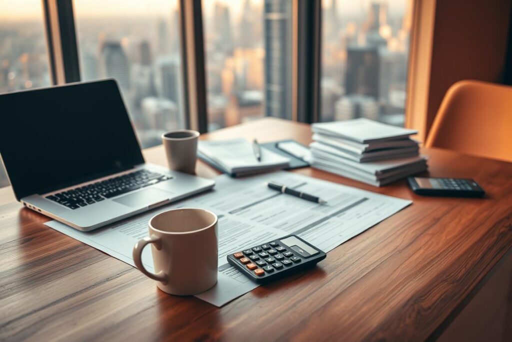 A neatly organized business plan laid out on a wooden desk, illuminated by warm, natural lighting. In the foreground, a laptop and coffee mug set the scene of a productive workspace. The middle ground features stacks of paper, a pen, and a calculator, hinting at the detailed financial planning involved. In the background, a window overlooking a vibrant city skyline symbolizes the broader context and potential for a thriving delivery business. The overall atmosphere conveys a sense of professionalism, diligence, and entrepreneurial ambition. Um plano de negócios cuidadosamente organizado, disposto sobre uma mesa de madeira, iluminado por uma luz natural e aconchegante. Em primeiro plano, um laptop e uma caneca de café criam o cenário de um ambiente de trabalho produtivo. No centro, pilhas de papel, uma caneta e uma calculadora, sugerindo o planejamento financeiro detalhado envolvido. Ao fundo, uma janela com vista para o vibrante horizonte da cidade simboliza o contexto mais amplo e o potencial de um negócio de entregas próspero. A atmosfera geral transmite uma sensação de profissionalismo, diligência e ambição empreendedora.