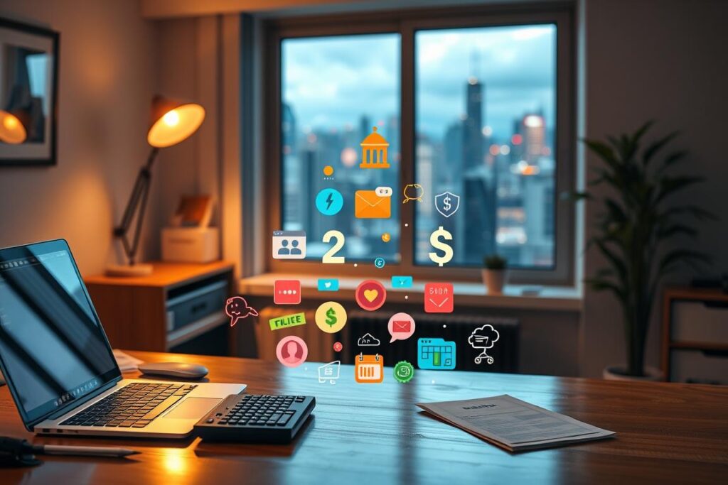 A serene home office, warm lighting illuminating a desk with a laptop, calculator, and stack of papers, symbolizing remote work opportunities. In the middle ground, a variety of colorful icons representing diverse income streams - online courses, freelancing, e-commerce, and more. The background features a vibrant cityscape, suggesting the urban landscape of 2025, full of possibilities for generating additional revenue without leaving one's current job. Um home office tranquilo, com iluminação aconchegante iluminando uma mesa com um laptop, calculadora e uma pilha de papéis, simbolizando oportunidades de trabalho remoto. No centro, uma variedade de ícones coloridos representando diversas fontes de renda – cursos online, freelancers, e-commerce e muito mais. O fundo apresenta uma paisagem urbana vibrante, sugerindo o cenário urbano de 2025, repleto de possibilidades para gerar renda adicional sem precisar deixar o emprego atual.