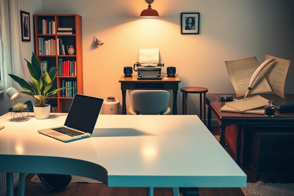 A series of home office workspaces evolving over time, depicted with a vintage-inspired aesthetic. In the foreground, a sleek, modern desk with a laptop, potted plant, and minimalist decor. In the middle ground, an older-style wooden desk with a typewriter and rotary phone, surrounded by bookshelves. In the background, an even more vintage workspace with a quill pen, inkwell, and parchment paper. Soft, warm lighting illuminates the scene, casting a nostalgic glow. The overall composition conveys the progression of home office technology and design throughout the decades, transitioning from the traditional to the contemporary. Três escritórios caseiros representando diferentes épocas: à frente, um home office moderno com laptop e decoração minimalista; no centro, uma mesa clássica com máquina de escrever e telefone antigo; ao fundo, um ambiente ainda mais retrô, com pena e tinteiro. A luz suave dá um ar nostálgico à cena, mostrando como os espaços de trabalho foram mudando ao longo das décadas.