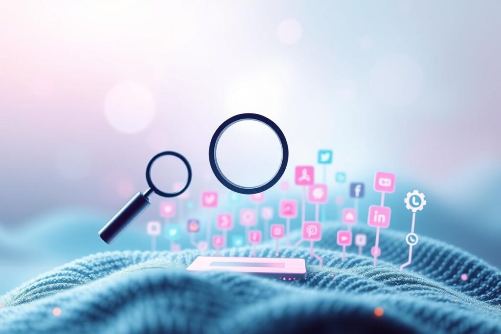 A vibrant digital landscape depicting "SEO para redes sociais". In the foreground, a stylized magnifying glass icon hovers above a social media platform interface, symbolizing the process of search engine optimization for social media. The middle ground features various social media icons and symbols, arranged in a dynamic composition that conveys the interconnectedness of online platforms. The background is a blend of soft, pastel-hued gradients, evoking a sense of digital fluidity and innovation. The lighting is soft and diffused, creating a subtle, ethereal atmosphere. The camera angle is slightly elevated, providing a bird's-eye view of the scene, conveying a sense of strategic oversight and digital mastery. Uma vibrante paisagem digital representando "SEO para redes sociais". Em primeiro plano, um ícone estilizado de lupa paira sobre a interface de uma plataforma de mídia social, simbolizando o processo de otimização para mecanismos de busca (SEO) para mídias sociais. O plano central apresenta diversos ícones e símbolos de mídia social, dispostos em uma composição dinâmica que transmite a interconexão das plataformas online. O fundo é uma mistura de gradientes suaves em tons pastéis, evocando uma sensação de fluidez e inovação digital. A iluminação é suave e difusa, criando uma atmosfera sutil e etérea. O ângulo da câmera é ligeiramente elevado, proporcionando uma visão aérea da cena, transmitindo uma sensação de supervisão estratégica e domínio digital.