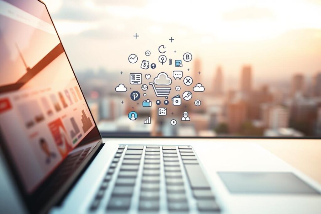 A vibrant digital landscape showcasing the boundless opportunities of online entrepreneurship. In the foreground, a laptop screen displays a dynamic e-commerce interface, its sleek interface and intuitive design inviting the viewer to explore the possibilities. In the middle ground, a stylized icon cluster represents the diverse range of digital tools and platforms available to modern business owners, from social media to cloud-based solutions. The background features a softly blurred cityscape, conveying the global reach and interconnectedness of the online world. Warm, diffused lighting casts a sense of optimism and possibility, while a subtle, playful color palette evokes the energy and innovation of the digital entrepreneurial space. A vibrant digital landscape showcasing the boundless opportunities of online entrepreneurship. In the foreground, a laptop screen displays a dynamic e-commerce interface, its sleek interface and intuitive design inviting the viewer to explore the possibilities. In the middle ground, a stylized icon cluster represents the diverse range of digital tools and platforms available to modern business owners, from social media to cloud-based solutions. The background features a softly blurred cityscape, conveying the global reach and interconnectedness of the online world. Warm, diffused lighting casts a sense of optimism and possibility, while a subtle, playful color palette evokes the energy and innovation of the digital entrepreneurial space.