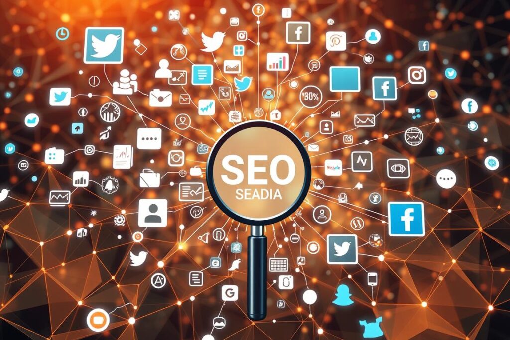 A vibrant digital landscape showcasing the impact of SEO on social media. In the foreground, a dynamic web of interconnected icons, graphs, and analytics data, illustrating the intricate relationship between search engine optimization and online engagement. The middle ground features a central focal point, a magnifying glass highlighting the importance of optimizing content for search, while surrounding it are various social media platforms - Twitter, Facebook, Instagram - each emanating digital waves of influence. The background is a seamless blend of geometric patterns and subtle textures, evoking the complexity and innovation inherent in the convergence of SEO and social media. Warm, diffused lighting creates a sense of depth and emphasizes the synergy between these two crucial digital marketing elements. Captured with a wide-angle lens to showcase the breadth and scope of the subject matter. Um vibrante cenário digital que demonstra o impacto do SEO nas mídias sociais. Em primeiro plano, uma rede dinâmica de ícones, gráficos e dados analíticos interconectados, ilustrando a complexa relação entre otimização para mecanismos de busca e engajamento online. O plano central apresenta um ponto focal, uma lupa que destaca a importância da otimização de conteúdo para buscas, enquanto ao redor estão diversas plataformas de mídia social – Twitter, Facebook, Instagram – cada uma delas emanando ondas digitais de influência. O fundo é uma mistura perfeita de padrões geométricos e texturas sutis, evocando a complexidade e a inovação inerentes à convergência de SEO e mídias sociais. Uma iluminação quente e difusa cria uma sensação de profundidade e enfatiza a sinergia entre esses dois elementos cruciais do marketing digital. Capturado com uma lente grande angular para destacar a amplitude e o escopo do assunto.