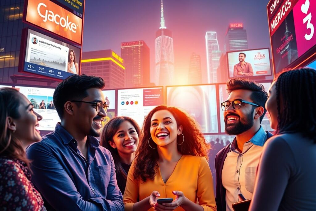 A vibrant, high-visibility scene showcasing the benefits of brand partnerships. In the foreground, a group of diverse online entrepreneurs excitedly discuss their latest successful brand collaboration, their faces lit by a warm, directional light. The middle ground features an array of digital screens displaying social media posts, analytics, and e-commerce transactions, highlighting the increased visibility and engagement achieved through the partnership. In the background, a stylized cityscape with modern high-rise buildings and neon signage creates an urban, tech-savvy atmosphere. The overall mood is one of energy, innovation, and the empowerment that comes from leveraging brand alliances to drive online business growth. Uma cena vibrante e de alta visibilidade que demonstra os benefícios das parcerias de marca. Em primeiro plano, um grupo diversificado de empreendedores online discute animadamente sua mais recente colaboração de marca de sucesso, com os rostos iluminados por uma luz quente e direcional. O plano central apresenta uma série de telas digitais exibindo postagens em mídias sociais, análises e transações de e-commerce, destacando o aumento de visibilidade e engajamento alcançados por meio da parceria. Ao fundo, uma paisagem urbana estilizada com arranha-céus modernos e letreiros de neon cria uma atmosfera urbana e tecnológica. O clima geral é de energia, inovação e o empoderamento que advém do aproveitamento de alianças de marca para impulsionar o crescimento dos negócios online.