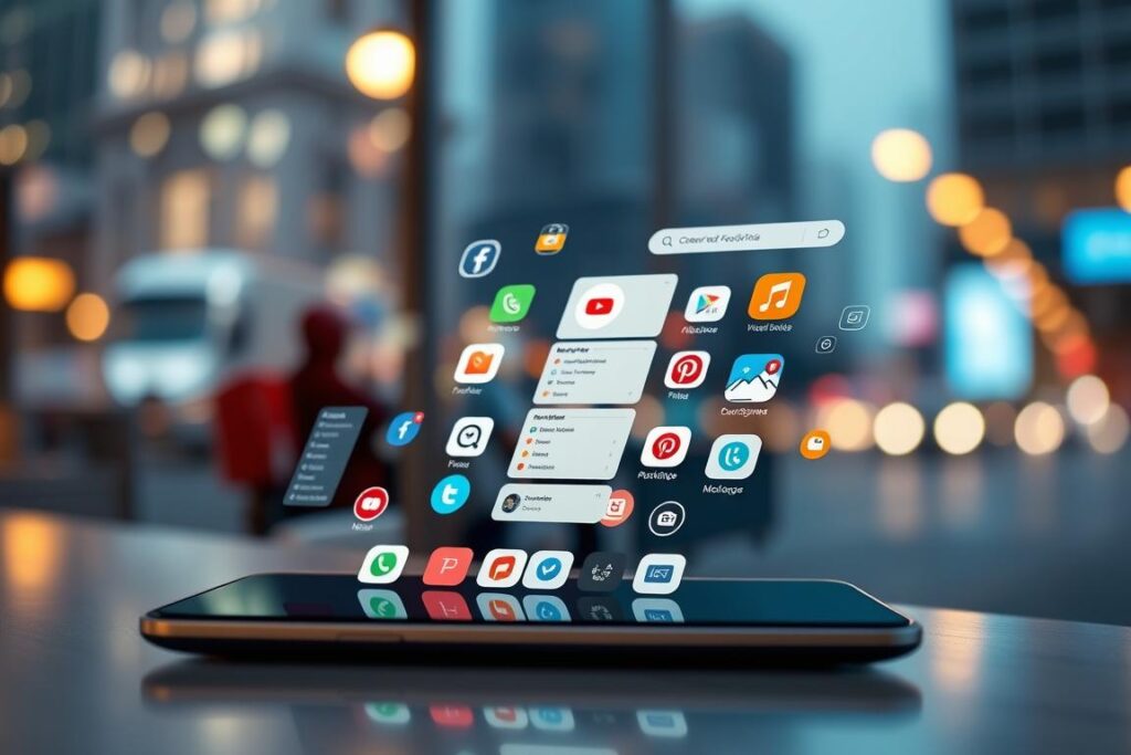 A vibrant social media interface for online food delivery, showcasing various platforms and apps on a sleek, modern device screen. In the foreground, dynamic icons and menus invite interaction, while the background features a blurred cityscape, hinting at the urban landscape where delivery services thrive. Soft, warm lighting creates an inviting atmosphere, and the composition emphasizes the seamless integration of technology and the food delivery experience. The overall mood conveys the efficiency and convenience of leveraging social media to promote and manage a successful online food delivery business. Uma interface vibrante para redes sociais de entrega de comida online, exibindo diversas plataformas e aplicativos em uma tela elegante e moderna. Em primeiro plano, ícones e menus dinâmicos convidam à interação, enquanto o fundo apresenta uma paisagem urbana desfocada, sugerindo a paisagem urbana onde os serviços de entrega prosperam. A iluminação suave e aconchegante cria uma atmosfera convidativa, e a composição enfatiza a integração perfeita entre tecnologia e a experiência de entrega de comida. O clima geral transmite a eficiência e a conveniência de utilizar as redes sociais para promover e gerenciar um negócio de entrega de comida online de sucesso.