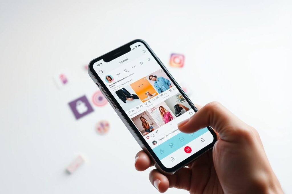 A vibrant, visually compelling scene of "Instagram shopping" with a focus on showcasing how one can earn money on the platform without relying on a large follower count. The image should depict a modern, stylish online shopping experience on a mobile device, with a sleek, minimalist design aesthetic. The foreground should feature a person's hand holding a smartphone, with the screen displaying an Instagram product page or shopping cart. The middle ground should include various Instagram-style product images, icons, and UI elements, conveying a sense of a dynamic, engaging shopping experience. The background should be a clean, neutral setting that allows the central focus to remain on the mobile device and the shopping experience. The overall mood should be one of efficiency, simplicity, and the potential for financial gain through strategic Instagram-based e-commerce, without the need for a significant follower base. Uma cena vibrante e visualmente atraente de "compras no Instagram", com foco em mostrar como se pode ganhar dinheiro na plataforma sem depender de um grande número de seguidores. A imagem deve representar uma experiência de compra online moderna e elegante em um dispositivo móvel, com uma estética de design elegante e minimalista. O primeiro plano deve apresentar a mão de uma pessoa segurando um smartphone, com a tela exibindo uma página de produto do Instagram ou um carrinho de compras. O plano do meio deve incluir diversas imagens de produtos, ícones e elementos de interface do usuário no estilo do Instagram, transmitindo a sensação de uma experiência de compra dinâmica e envolvente. O fundo deve ser um cenário limpo e neutro que permita que o foco central permaneça no dispositivo móvel e na experiência de compra. O clima geral deve ser de eficiência, simplicidade e potencial de ganho financeiro por meio de um e-commerce estratégico baseado no Instagram, sem a necessidade de uma base significativa de seguidores.