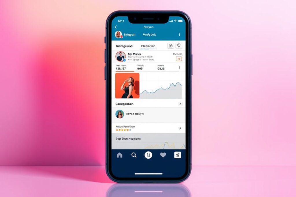 A visually striking digital illustration depicting a lucrative Instagram monetization strategy, showcasing a stylized smartphone screen against a modern, minimalist backdrop. The smartphone displays a professional-looking sponsored post, its layout optimized for high engagement and conversion. The foreground features a clean, elegant product placement seamlessly integrated into the content, drawing the viewer's attention. The middle ground presents an analytics dashboard, providing data-driven insights into the post's performance. The background establishes a vibrant, yet sophisticated color palette, evoking a sense of success and profitability. Soft, directional lighting enhances the overall composition, creating depth and highlighting the key elements. The resulting image conveys the potential for earning through sponsored content on Instagram, without distracting visual elements. Uma ilustração digital visualmente impressionante que retrata uma lucrativa estratégia de monetização no Instagram, apresentando uma tela de smartphone estilizada contra um fundo moderno e minimalista. O smartphone exibe uma publicação patrocinada com aparência profissional, com layout otimizado para alto engajamento e conversão. O primeiro plano apresenta um posicionamento limpo e elegante do produto, perfeitamente integrado ao conteúdo, atraindo a atenção do espectador. O plano do meio apresenta um painel de análise, fornecendo insights baseados em dados sobre o desempenho da publicação. O fundo estabelece uma paleta de cores vibrante, porém sofisticada, evocando uma sensação de sucesso e lucratividade. Uma iluminação suave e direcional aprimora a composição geral, criando profundidade e destacando os elementos-chave. A imagem resultante transmite o potencial de ganho por meio de conteúdo patrocinado no Instagram, sem elementos visuais que distraiam a atenção.