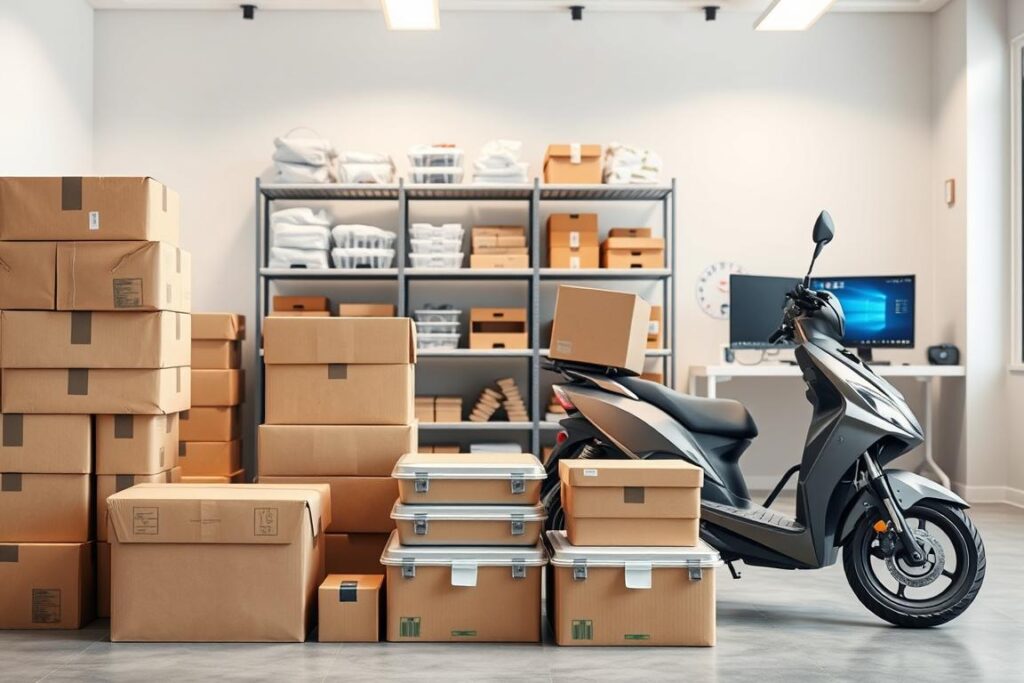 A well-lit, high-resolution image of a modern, organized delivery service setup. In the foreground, neatly stacked cardboard boxes, insulated food containers, and a sleek, electric delivery scooter. In the middle ground, a sturdy shelving unit stocked with packaging supplies, thermal bags, and other necessary equipment. The background features a clean, minimalist office space with a desk, computer, and logistics management software displayed on the screen. The overall scene conveys a sense of efficiency, professionalism, and readiness to handle food delivery orders. Uma imagem bem iluminada e em alta resolução de um serviço de entrega moderno e organizado. Em primeiro plano, caixas de papelão empilhadas ordenadamente, recipientes de alimentos isolados e uma elegante scooter elétrica de entrega. No centro, uma estante robusta abastecida com materiais de embalagem, bolsas térmicas e outros equipamentos necessários. Ao fundo, um espaço de escritório limpo e minimalista com mesa, computador e software de gestão logística exibidos na tela. A cena geral transmite uma sensação de eficiência, profissionalismo e prontidão para atender pedidos de entrega de comida.