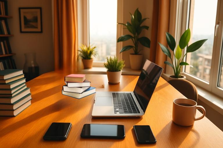 A cozy home office flooded with warm, natural light. On the desk, a laptop, a stack of books, and a potted plant add touches of greenery. In the foreground, a person's hands are typing on the laptop, immersed in their work, while a smartphone and a cup of coffee sit nearby. The background features a large window overlooking a serene, urban landscape, hinting at the possibilities of earning money from the comfort of one's own home. The scene conveys a sense of productivity, focus, and the potential for financial independence through online opportunities. Um escritório em casa cheio de personalidade:: xícara de café ao lado, celular ao alcance e livros empilhados ao fundo. A janela aberta revela uma paisagem urbana tranquila, reforçando a ideia de que é possível trabalhar online com liberdade, foco e conforto sem sair de casa.