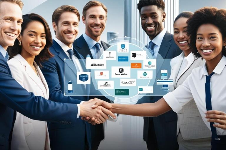 A vibrant, dynamic illustration showcasing the concept of "Introdução às Parcerias". In the foreground, a diverse group of business partners shaking hands, their expressions radiating enthusiasm and collaboration. The middle ground features an array of brand logos, products, and marketing materials, symbolizing the various partnership opportunities. In the background, a sleek, modern cityscape provides a sophisticated, professional setting. Warm, diffused lighting creates a sense of optimism and opportunity. The composition is balanced, with a clean, minimalist aesthetic that emphasizes the central message of successful brand partnerships. Uma ilustração vibrante e dinâmica que apresenta o conceito de "Introdução às Parcerias". Em primeiro plano, um grupo diversificado de parceiros de negócios aperta as mãos, com expressões que irradiam entusiasmo e colaboração. O centro apresenta uma variedade de logotipos de marcas, produtos e materiais de marketing, simbolizando as diversas oportunidades de parceria. Ao fundo, uma paisagem urbana elegante e moderna proporciona um ambiente sofisticado e profissional. Uma iluminação suave e difusa cria uma sensação de otimismo e oportunidade. A composição é equilibrada, com uma estética limpa e minimalista que enfatiza a mensagem central de parcerias de marca bem-sucedidas.