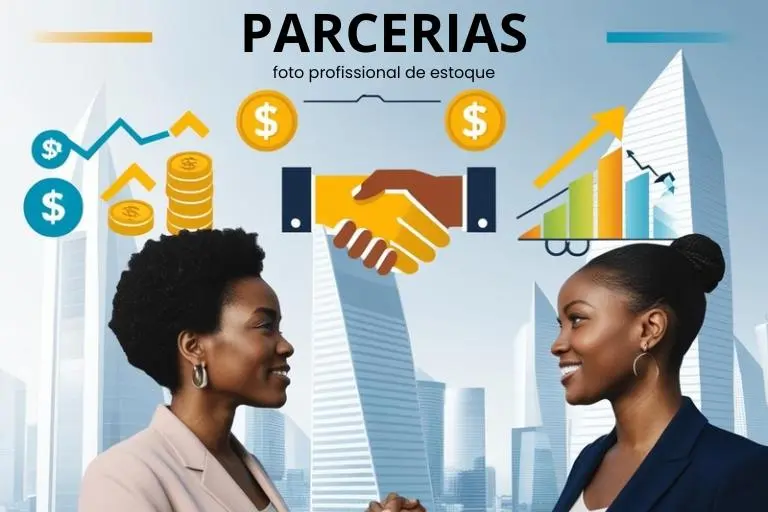 A vibrant, dynamic illustration of the concept of "partnerships" against a backdrop of a modern, minimalist cityscape. In the foreground, two diverse individuals shake hands, symbolizing the collaboration and mutual understanding inherent in successful partnerships. The middle ground showcases stylized icons representing various business elements such as handshakes, currency, and growth charts, emphasizing the tangible benefits of partnering. The background features sleek, angular high-rise buildings, reflecting the professional, tech-savvy environment in which many modern partnerships thrive. The overall composition should convey a sense of synergy, opportunity, and the potential for growth through strategic alliances. Uma ilustração vibrante e dinâmica do conceito de "parcerias" com um cenário de uma paisagem urbana moderna e minimalista. Em primeiro plano, duas pessoas de diferentes perfis apertam as mãos, simbolizando a colaboração e o entendimento mútuo inerentes a parcerias de sucesso. O plano central apresenta ícones estilizados que representam vários elementos comerciais, como apertos de mão, moedas e gráficos de crescimento, enfatizando os benefícios tangíveis da parceria. O plano de fundo apresenta edifícios altos, elegantes e angulares, refletindo o ambiente profissional e tecnológico em que muitas parcerias modernas prosperam. A composição geral deve transmitir uma sensação de sinergia, oportunidade e potencial de crescimento por meio de alianças estratégicas.