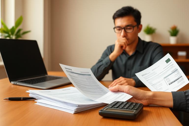 Uma cena serena de escritório com uma mesa de madeira, um laptop e um pequeno vaso de planta. Em primeiro plano, as mãos de uma pessoa organizam cuidadosamente vários documentos financeiros, faturas e uma calculadora, simbolizando o conceito de renda extra. O plano central apresenta uma expressão contemplativa no rosto da pessoa, transmitindo a importância e a consideração por trás da geração de renda adicional. O fundo é suavemente desfocado, criando uma sensação de foco e concentração. A iluminação é quente e natural, lançando um brilho confortável sobre a cena. No geral, a imagem deve evocar uma sensação de organização, diligência e potencial para estabilidade e crescimento financeiro.