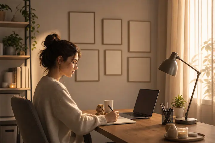 Profissional organizando rotina de assistência pet no ambiente digital com planejamento estruturado em home office.
