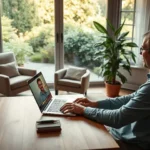 Profissional em home office realizando consultoria sobre como cuidar de pets pela internet através de um laptop.