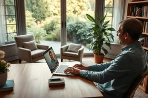 Profissional em home office realizando consultoria sobre como cuidar de pets pela internet através de um laptop.