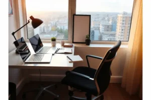 Escritório moderno e organizado com laptops e agenda aberta, representando o planejamento inicial de como montar um negócio digital.