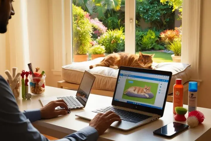 Mãos de um profissional utilizando laptop em home office com produtos de higiene pet ao lado e um gato descansando ao fundo.