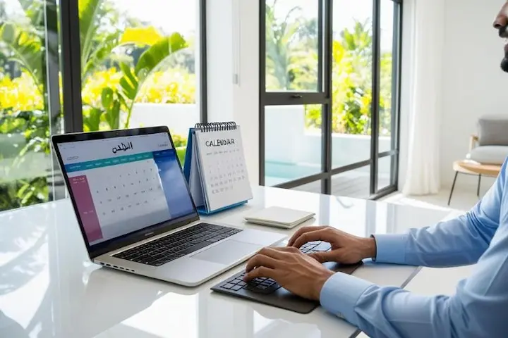 A modern home office with an ergonomic desk, comfortable chair, and ample natural lighting. In the foreground, a person's hands typing on a sleek laptop, conveying the flexibility and convenience of working from home. The middle ground features a calendar and planner, symbolizing the ability to manage one's own schedule. The background showcases a peaceful, lush outdoor view through large windows, creating a sense of balance and well-being. The overall atmosphere is one of productivity, freedom, and work-life harmony. Um home office moderno com mesa ergonômica, cadeira confortável e ampla iluminação natural. Em primeiro plano, as mãos de uma pessoa digitando em um laptop elegante, transmitindo a flexibilidade e a conveniência de trabalhar em casa. No centro, um calendário e uma agenda, simbolizando a capacidade de gerenciar a própria agenda. O fundo exibe uma vista tranquila e exuberante para o exterior através de grandes janelas, criando uma sensação de equilíbrio e bem-estar. A atmosfera geral é de produtividade, liberdade e harmonia entre vida pessoal e profissional.