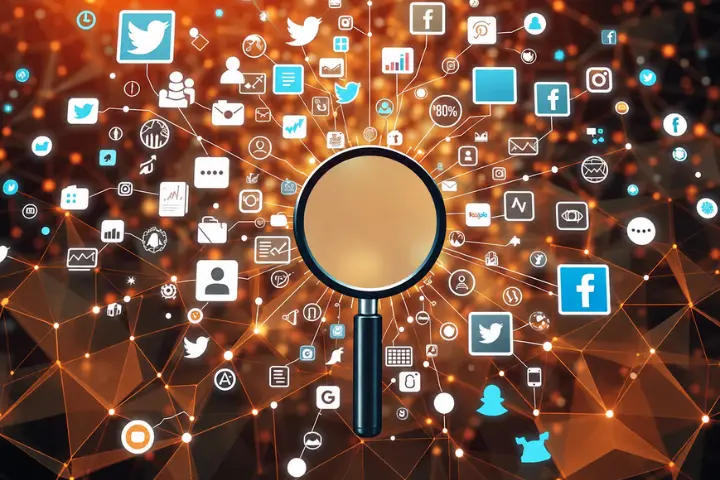 Ilustração de lupa digital conectada a ícones de redes sociais e elementos gráficos de SEO em ambiente tecnológico.