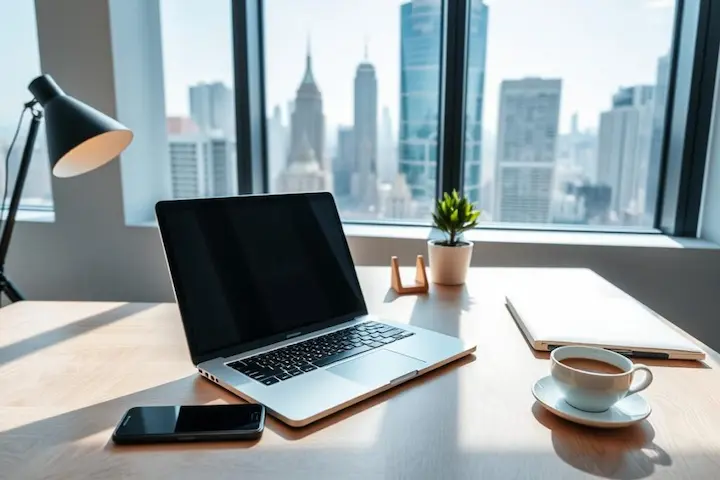 A modern, sleek digital business setup with a clean, minimalist aesthetic. In the foreground, a stylish laptop, a smartphone, and a cup of coffee sit on a minimalist wooden desk. In the middle ground, a potted plant and a simple desk organizer add subtle pops of color. The background features a large window with natural light streaming in, overlooking a cityscape of skyscrapers and a clear, blue sky. The overall mood is one of productivity, focus, and the potential for growth in the digital entrepreneurial space. Um ambiente de negócios digital moderno e elegante, com uma estética clean e minimalista. Em primeiro plano, um laptop estiloso, um smartphone e uma xícara de café sobre uma mesa minimalista de madeira. No centro, um vaso de plantas e um organizador de mesa simples adicionam toques sutis de cor. Ao fundo, uma grande janela com luz natural entra, com vista para uma paisagem urbana de arranha-céus e um céu azul claro. A atmosfera geral transmite foco e a organização necessária para estruturar um negócio digital com excelência.