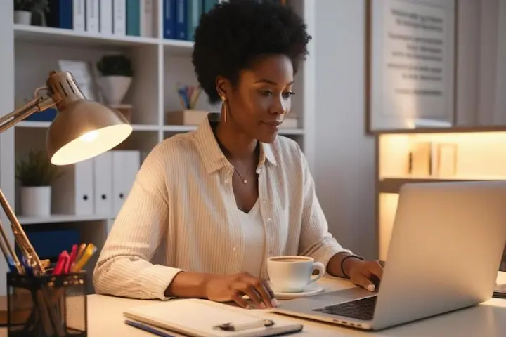 A cozy home office setting with a person diligently typing on a laptop, surrounded by a neatly organized desk filled with stationery and a cup of coffee. Soft, warm lighting from a desk lamp illuminates the scene, creating a productive and focused atmosphere. In the background, a bookshelf or shelves filled with relevant books and resources related to writing and earning extra income through text-based work. The overall composition conveys the ease and accessibility of earning money from the comfort of one's own home by simply typing texts. Pessoa atuando com foco na prestação de serviços de digitação técnica em um escritório doméstico equipado, transmitindo profissionalismo e organização.