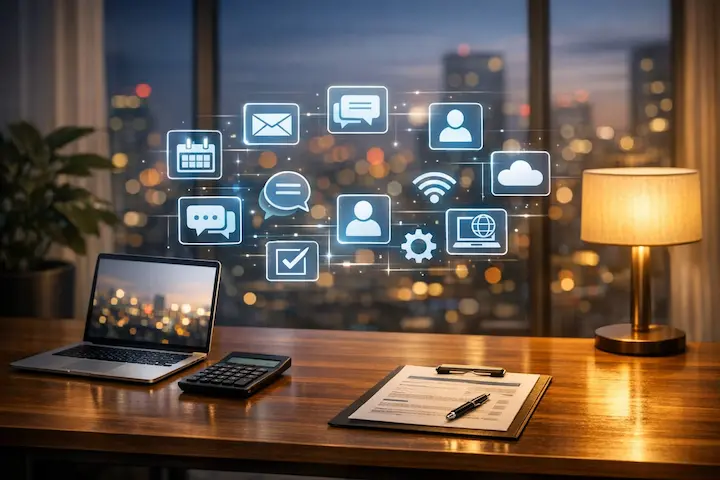 Escritório doméstico moderno com laptop e ícones digitais, ilustrando as vantagens do trabalho remoto e oportunidades freelancer.