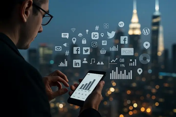 Renderização 3D detalhada de um processo profissional de otimização de perfil em redes sociais. Em primeiro plano, uma pessoa analisa painéis de métricas e otimiza as configurações do perfil em um smartphone. Em segundo plano, uma série de ícones, logotipos e métricas de redes sociais flutuam em uma interface digital elegante e futurista. Ao fundo, uma paisagem urbana desfocada com arranha-céus iluminados transmite a sensação de um ambiente urbano moderno e tecnológico. A iluminação cinematográfica cria sombras e realces dramáticos, enfatizando o foco na otimização baseada em dados. Renderizado em um estilo limpo e minimalista com uma estética sofisticada e de alta tecnologia.
