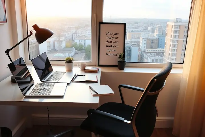 Um escritório moderno e organizado com dois laptops, uma agenda aberta e uma luminária, simbolizando o planejamento inicial de um empreendimento digital.