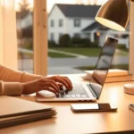 Profissional em home office realizando a prestação de serviços de digitação técnica em um ambiente organizado e produtivo.