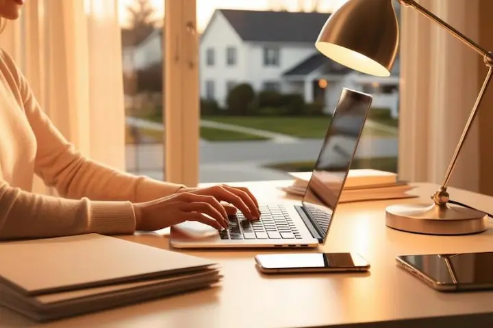 Profissional em home office realizando a prestação de serviços de digitação técnica em um ambiente organizado e produtivo.